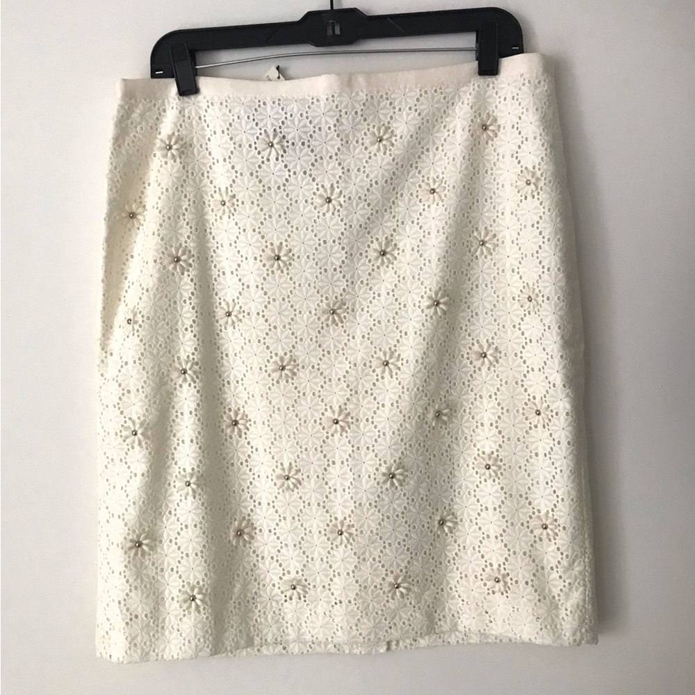 Talbots Crochet Skirt Beaded Flowers Lace Straight Creme-Ivory 12P NWT